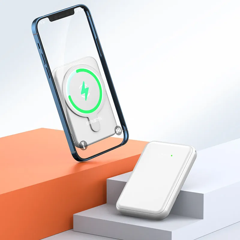 Portable magnetic wireless charging power supply 5000mAh in white, showing slim plastic shell and compact size