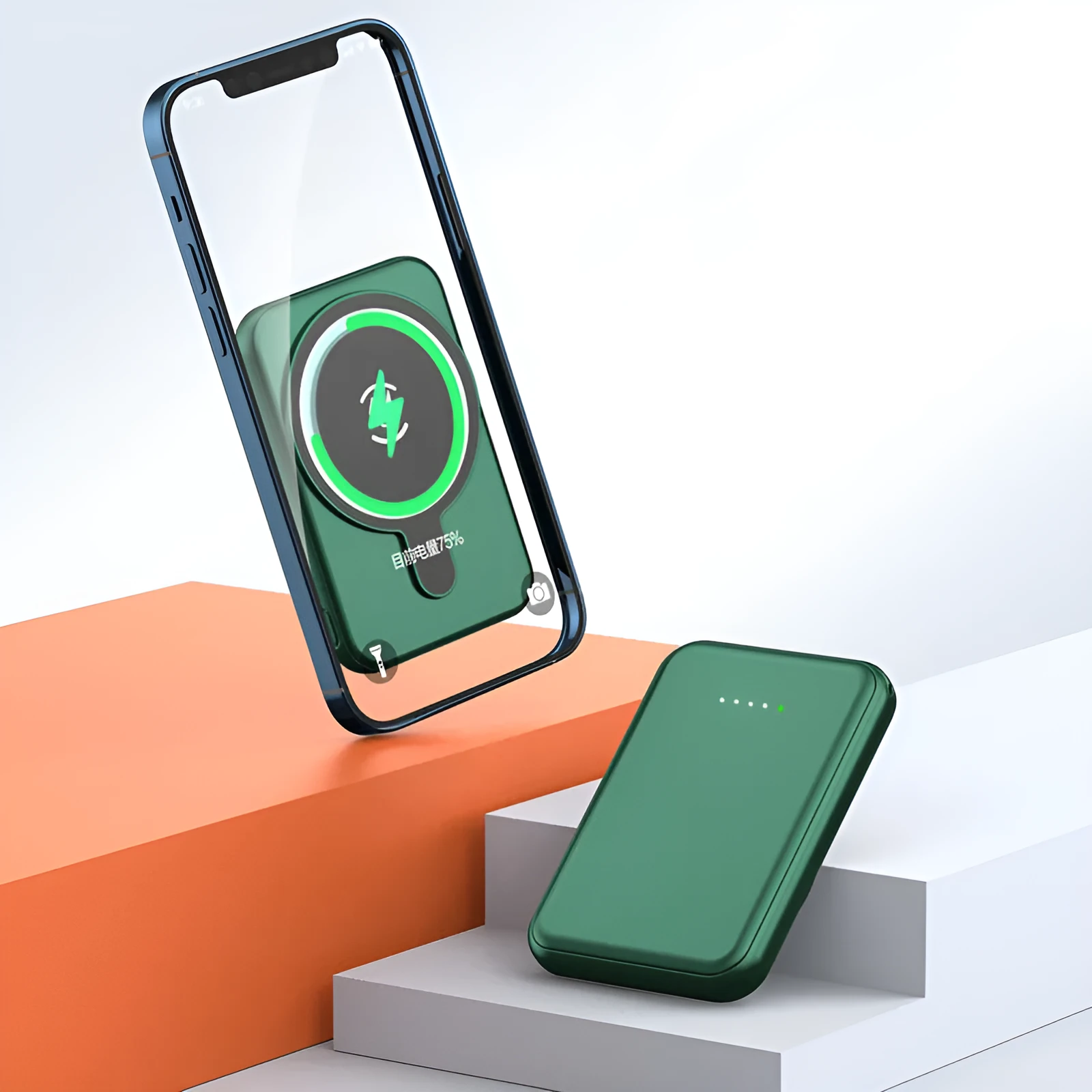 Portable magnetic wireless charging power supply 5000mAh in white, showing slim plastic shell and compact size