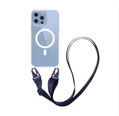 Magnetic one-piece lanyard crossbody transparent phone case for Apple iPhone, black colour