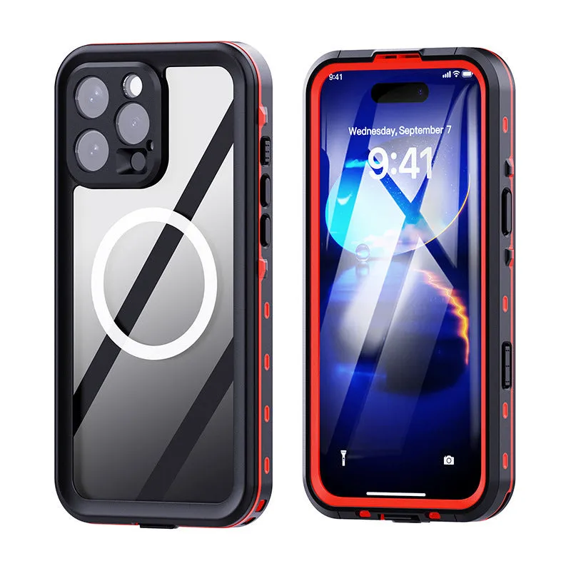 Waterproof phone case for swimming and diving compatible with iPhone 16 series in black and dark gray colour