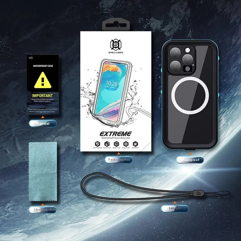 Waterproof phone case for swimming and diving compatible with iPhone 16 series in black and dark gray colour
