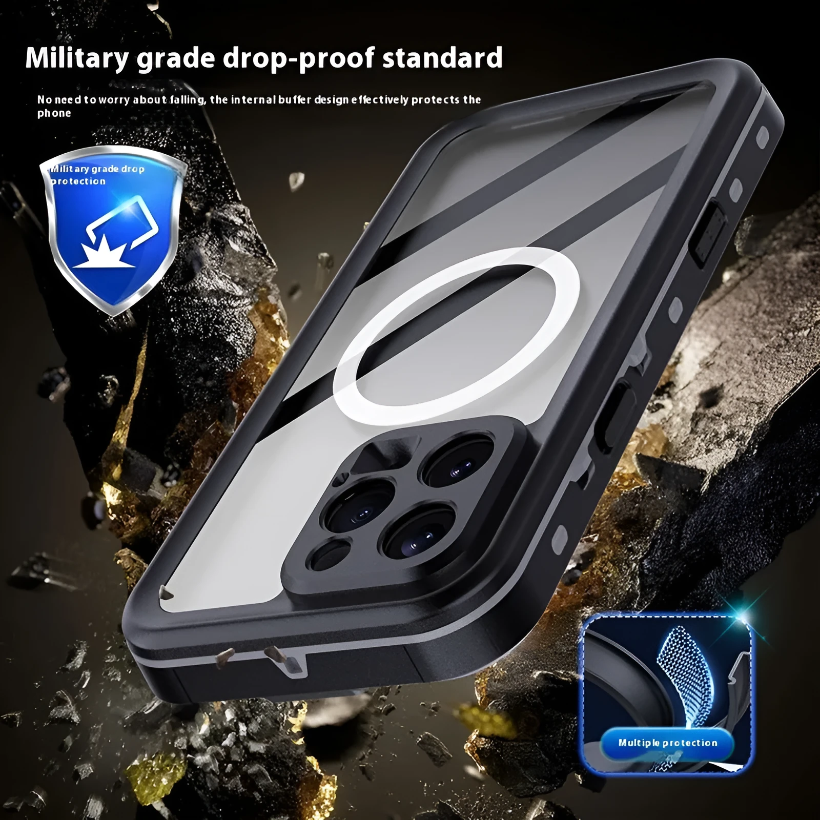 Waterproof phone case for swimming and diving compatible with iPhone 16 series in black and dark gray colour