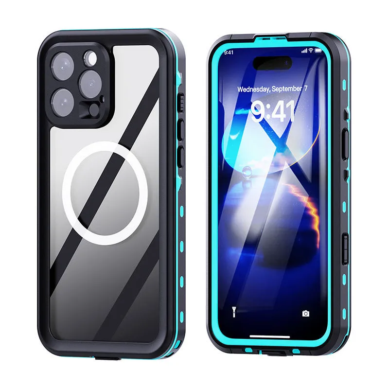 Waterproof phone case for swimming and diving compatible with iPhone 16 series in black and dark gray colour