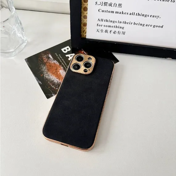 Electroplated sheepskin phone case with metal lens protector for iPhone in black