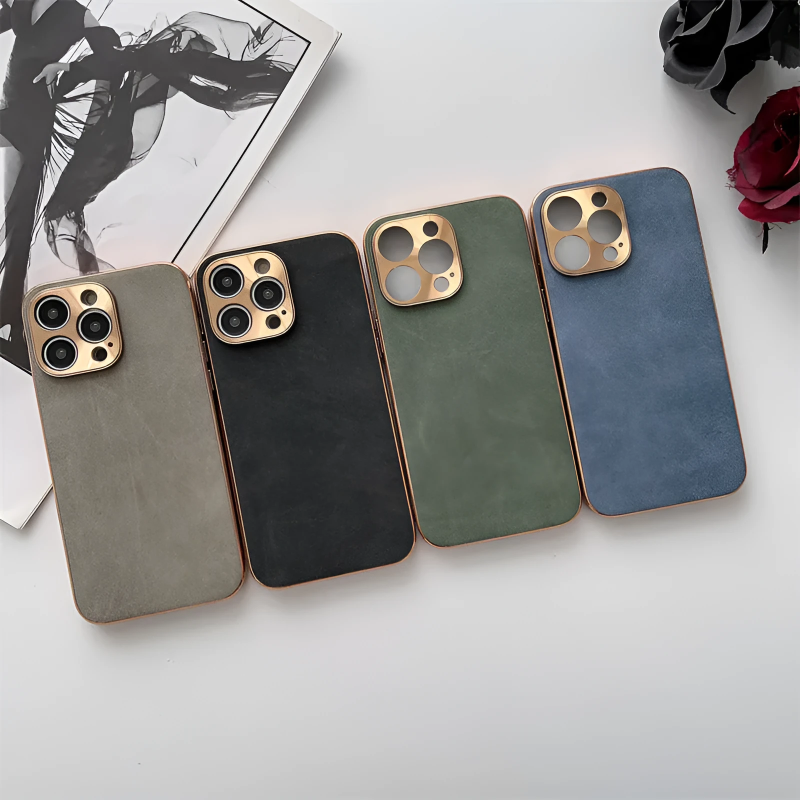 Electroplated sheepskin phone case with metal lens protector for iPhone in black