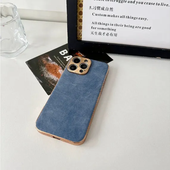 Electroplated sheepskin phone case with metal lens protector for iPhone in black