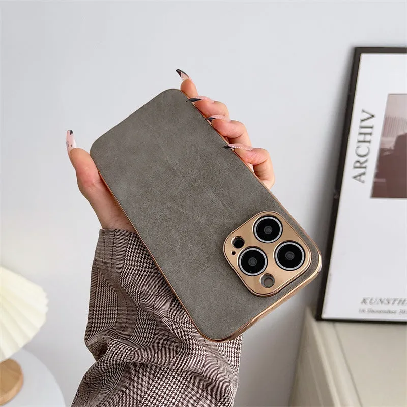 Electroplated sheepskin phone case with metal lens protector for iPhone in black