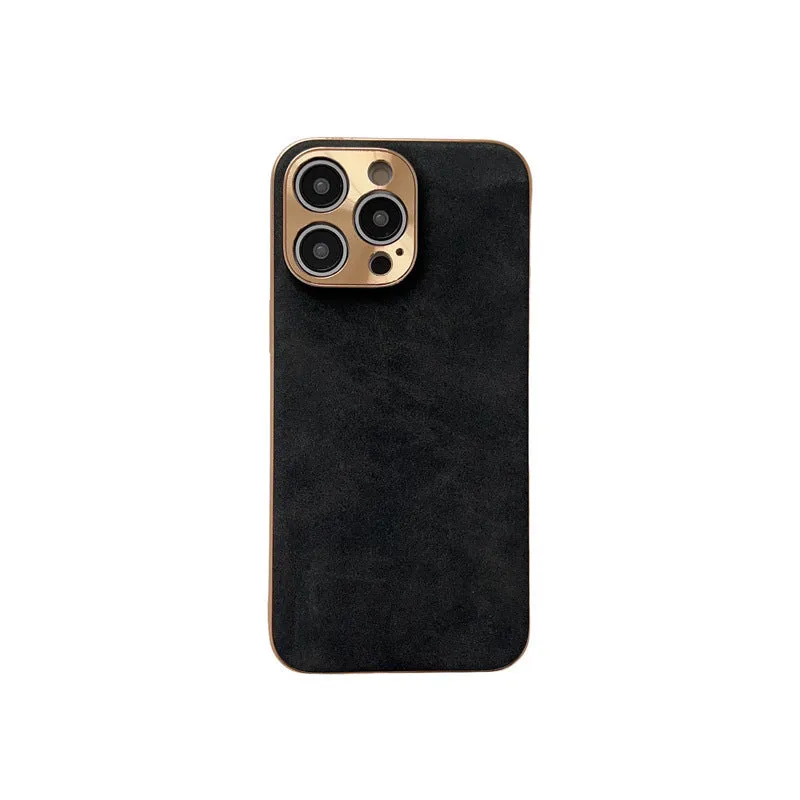 Electroplated sheepskin phone case with metal lens protector for iPhone in black
