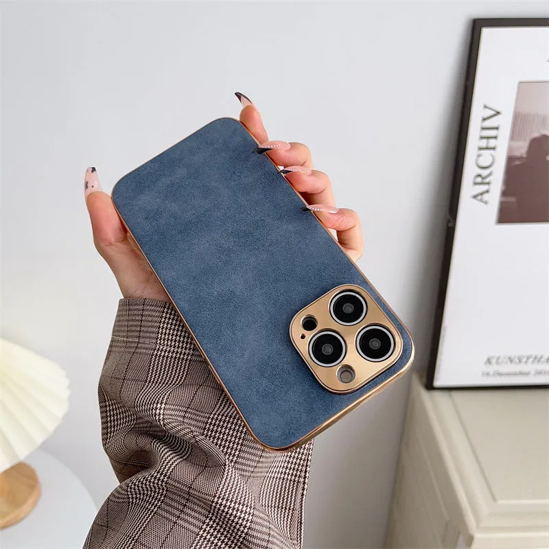 Electroplated sheepskin phone case with metal lens protector for iPhone in black