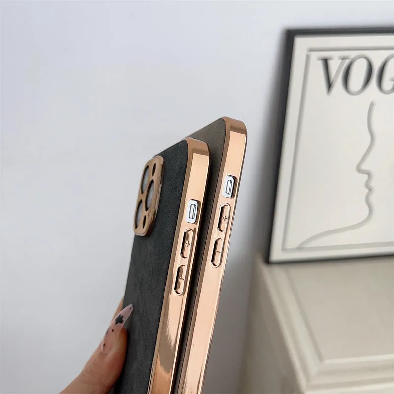Electroplated sheepskin phone case with metal lens protector for iPhone in black