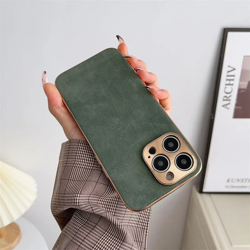 Electroplated sheepskin phone case with metal lens protector for iPhone in black