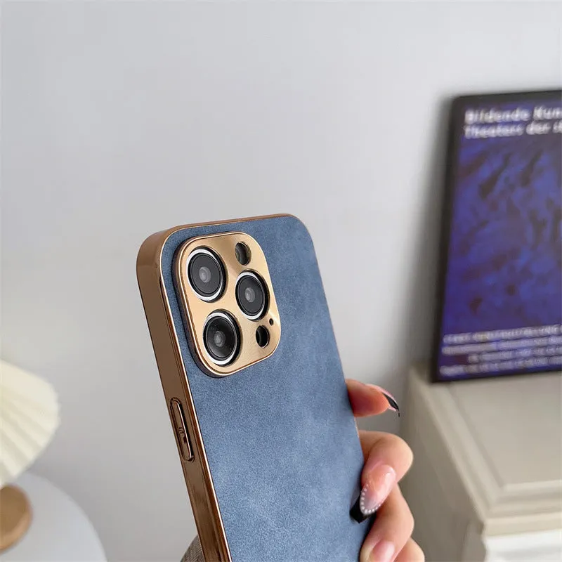 Electroplated sheepskin phone case with metal lens protector for iPhone in black