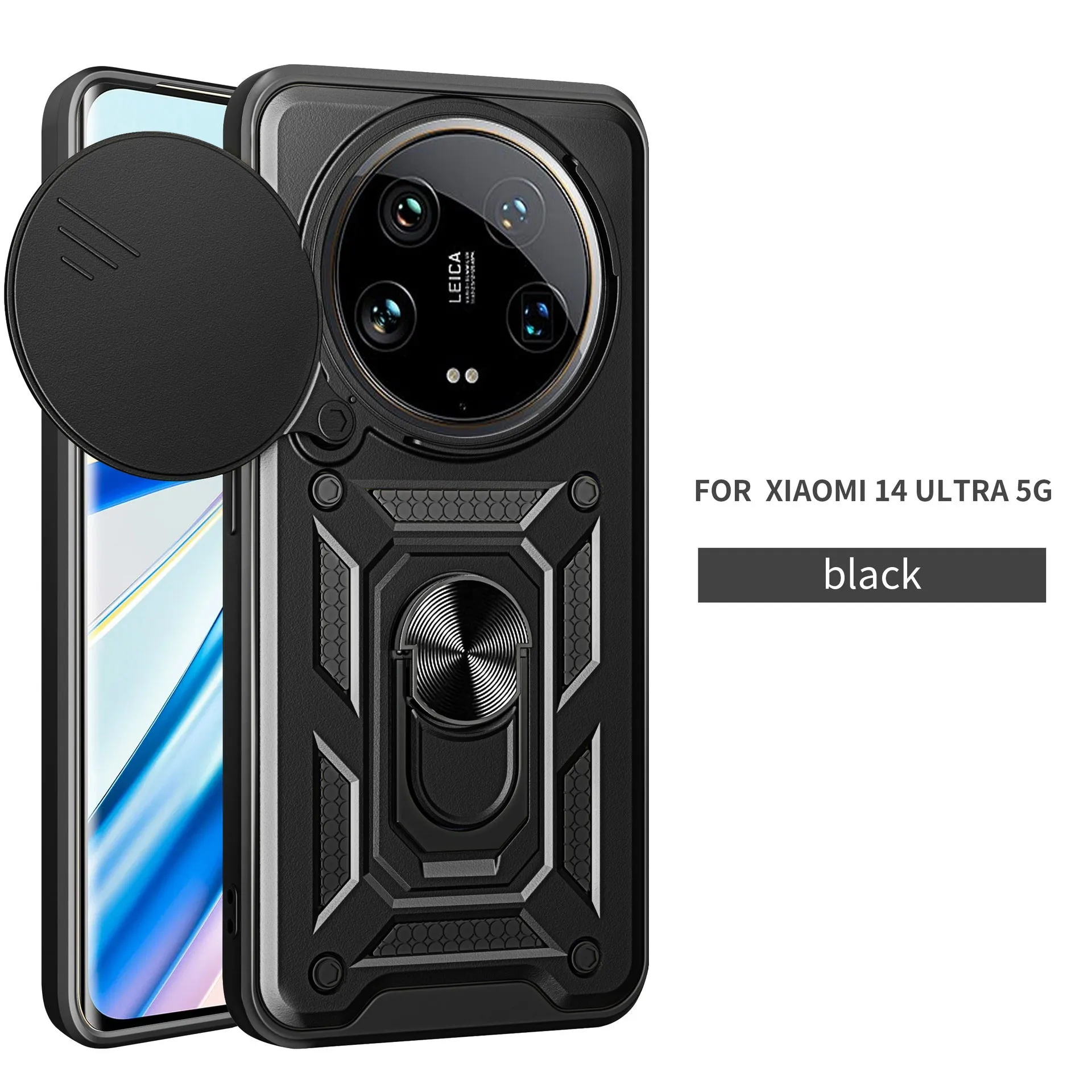 Sliding window phone case for Xiaomi 14Ultra in black with bracket and camera cutout