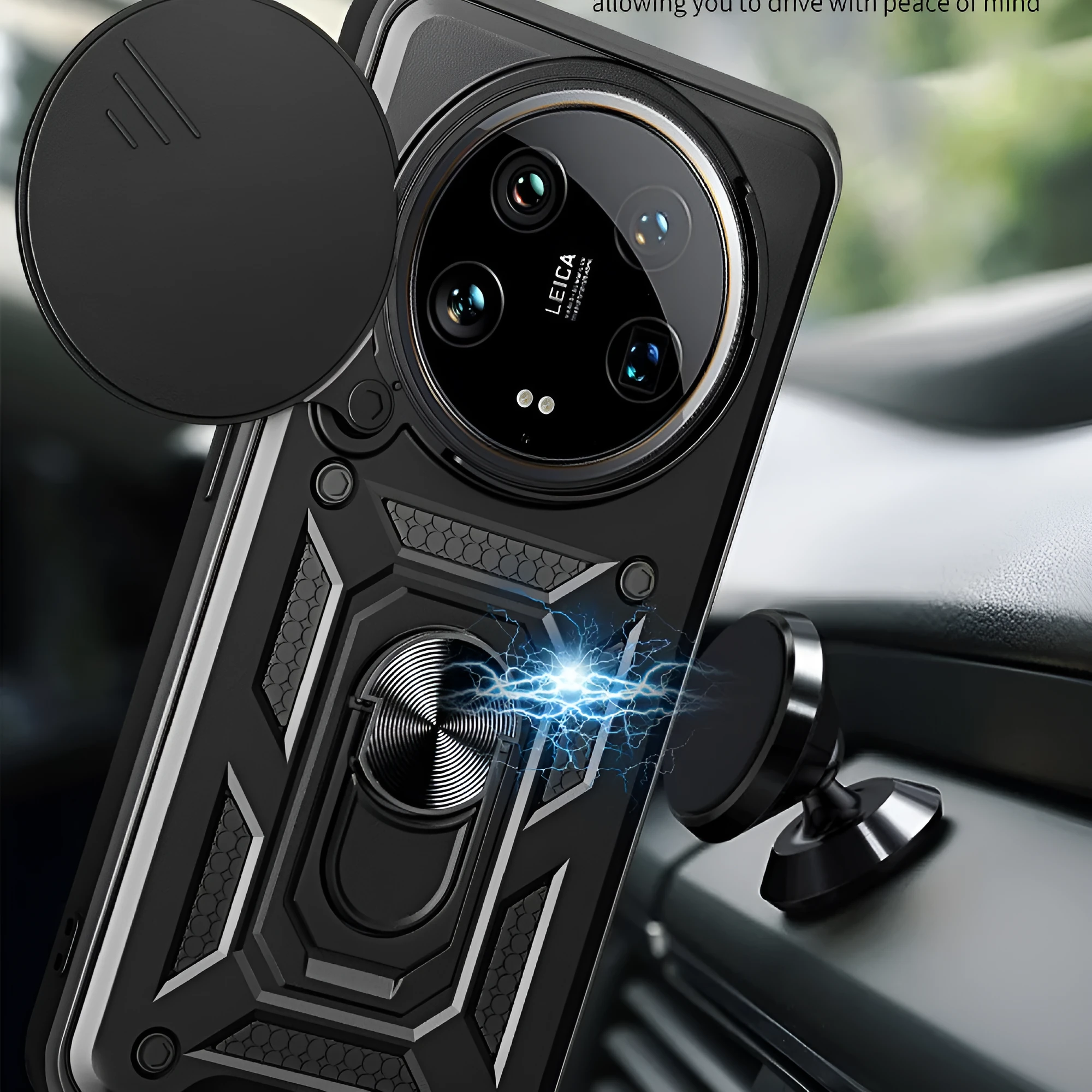 Sliding window phone case for Xiaomi 14Ultra in black with bracket and camera cutout