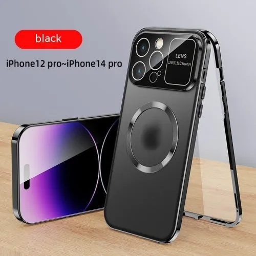 Metal peep-proof phone case with magnetic window for iPhone 16, black finish, all-inclusive design