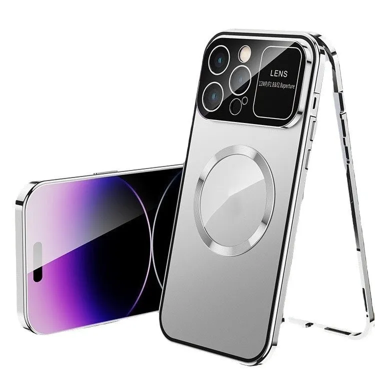 Metal peep-proof phone case with magnetic window for iPhone 16, black finish, all-inclusive design