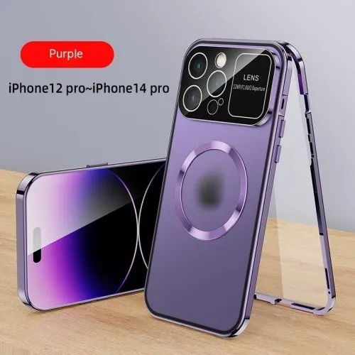 Metal peep-proof phone case with magnetic window for iPhone 16, black finish, all-inclusive design