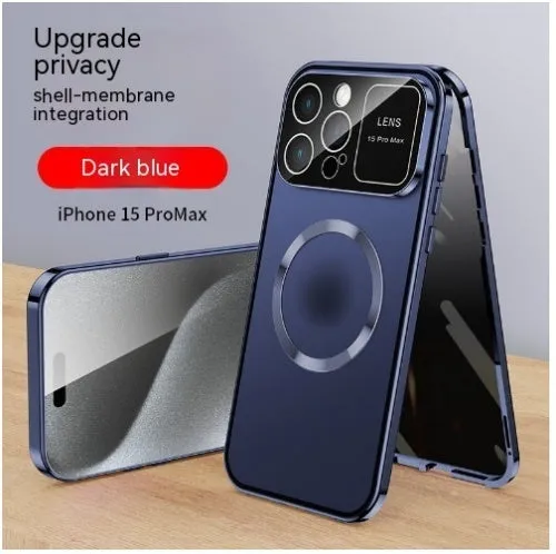Metal peep-proof phone case with magnetic window for iPhone 16, black finish, all-inclusive design
