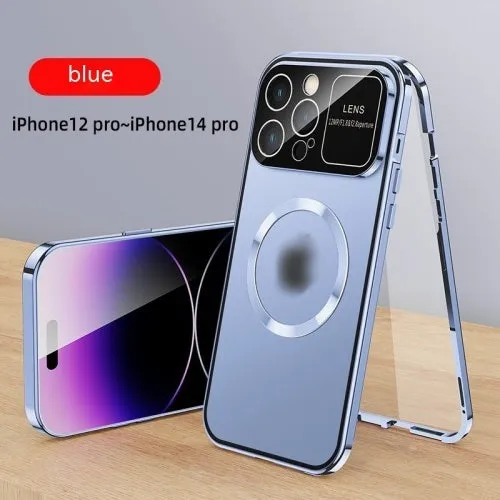 Metal peep-proof phone case with magnetic window for iPhone 16, black finish, all-inclusive design