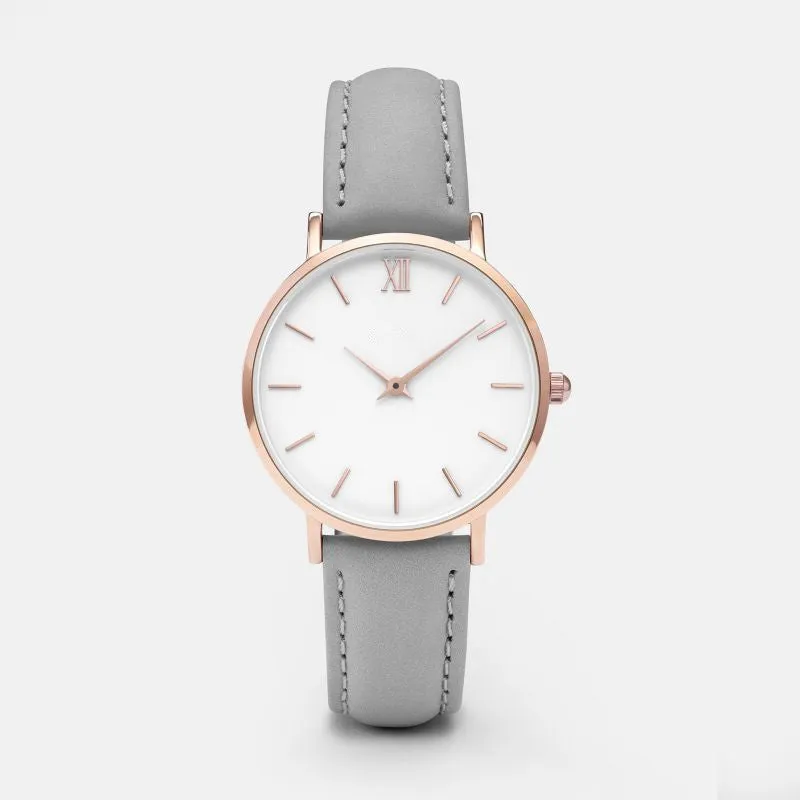 Square 35.5mm quartz watch with PU leather strap on wrist showing grey colour option