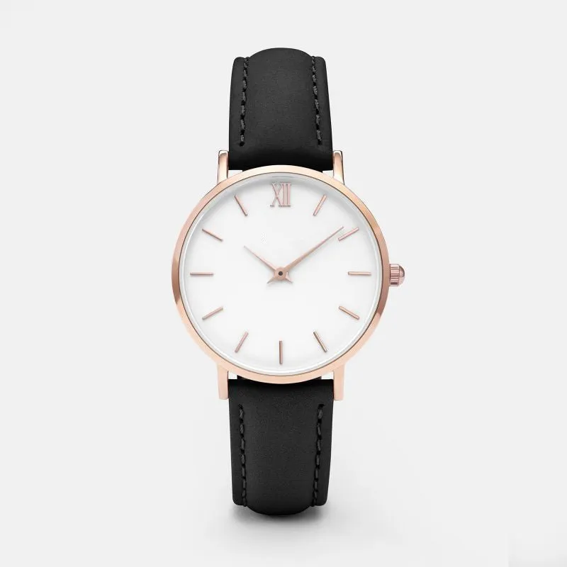 Square 35.5mm quartz watch with PU leather strap on wrist showing grey colour option