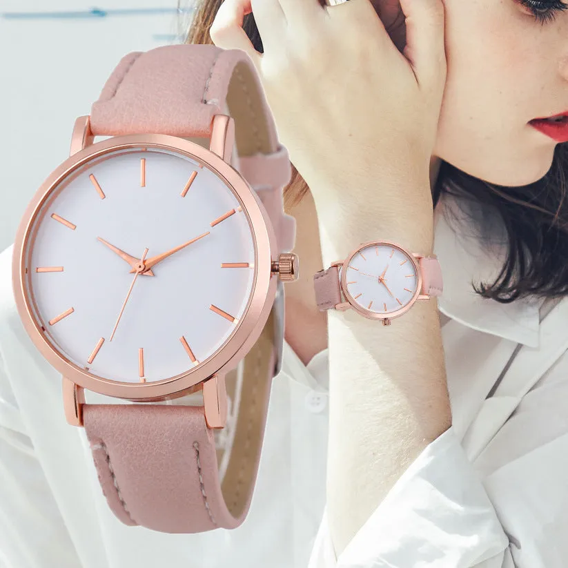 Square 35.5mm quartz watch with PU leather strap on wrist showing grey colour option