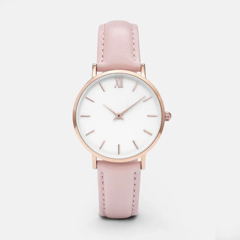 Square 35.5mm quartz watch with PU leather strap on wrist showing grey colour option