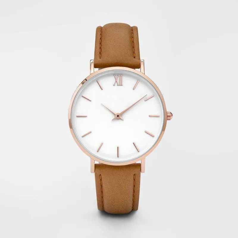 Square 35.5mm quartz watch with PU leather strap on wrist showing grey colour option
