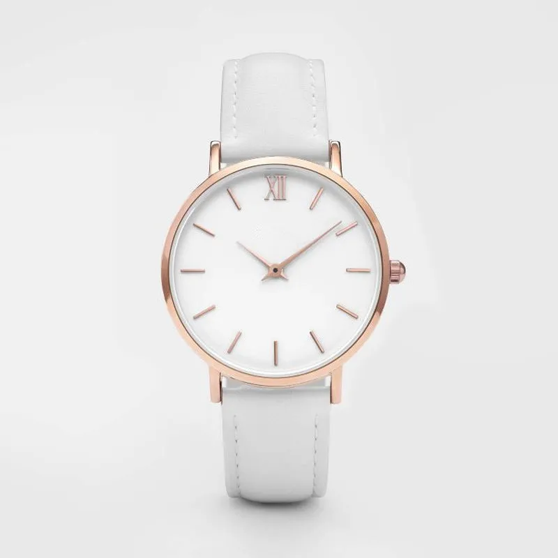 Square 35.5mm quartz watch with PU leather strap on wrist showing grey colour option