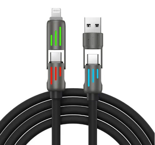 240W four-in-one fast charge cable with colourful breathing light, silicone material, Lightning and USB-C connectors, available in 1m 1.5m 2m lengths