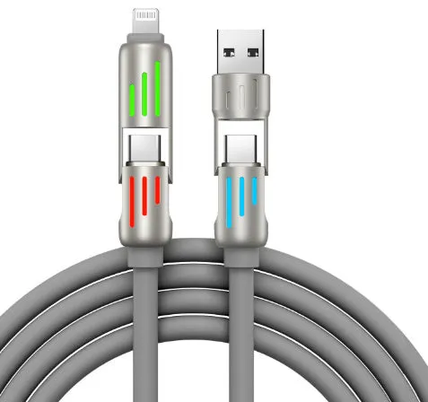 240W four-in-one fast charge cable with colourful breathing light, silicone material, Lightning and USB-C connectors, available in 1m 1.5m 2m lengths