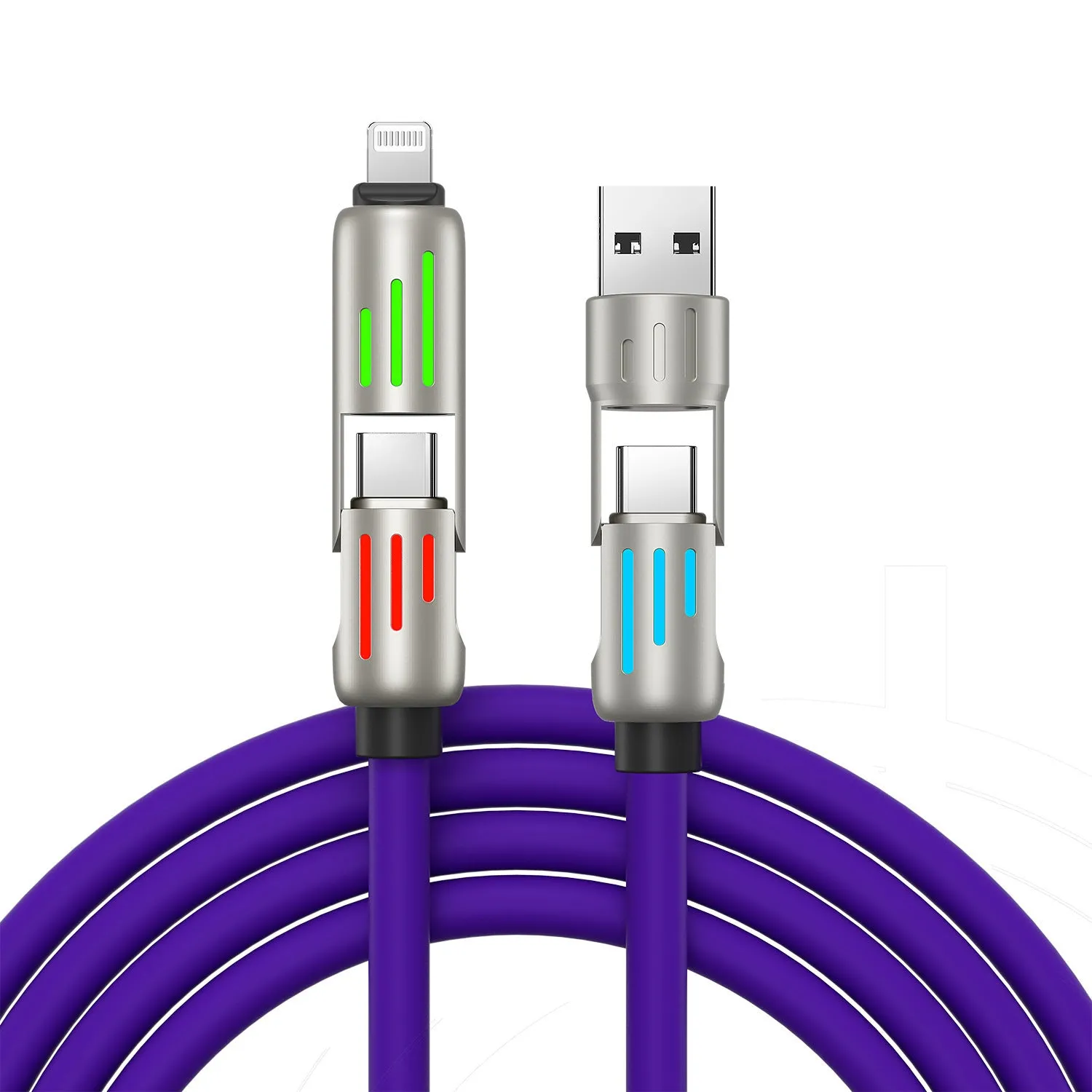 240W four-in-one fast charge cable with colourful breathing light, silicone material, Lightning and USB-C connectors, available in 1m 1.5m 2m lengths