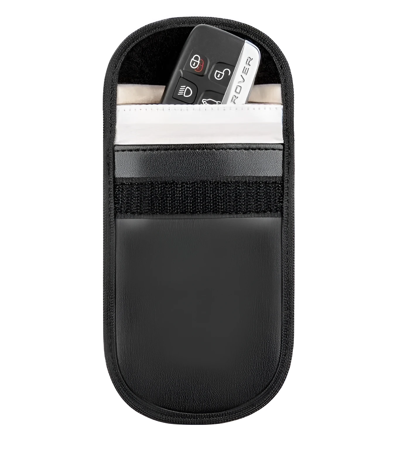 Black microfiber faraday bag for blocking car key fob and RFID card signals.