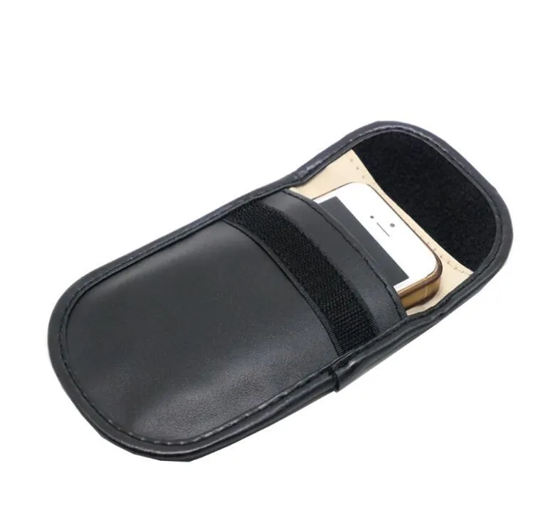 Black microfiber faraday bag for blocking car key fob and RFID card signals.