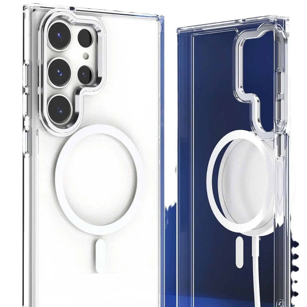 Semi-transparent magnetic phone case with hardware camera ring for Samsung in transparent black