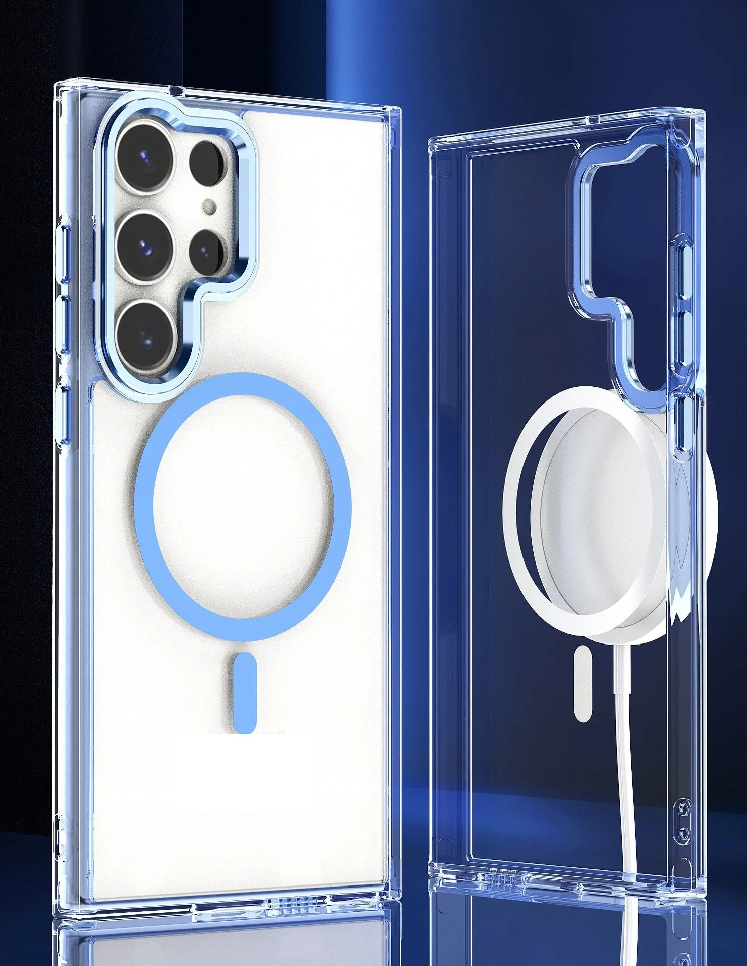 Semi-transparent magnetic phone case with hardware camera ring for Samsung in transparent black