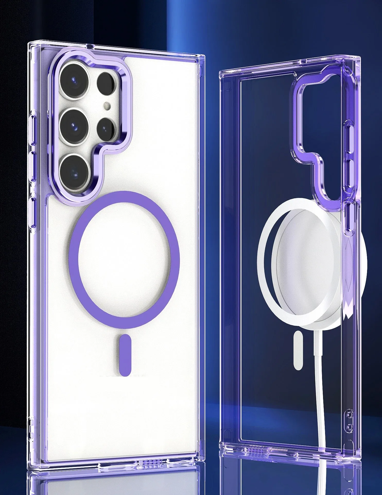 Semi-transparent magnetic phone case with hardware camera ring for Samsung in transparent black