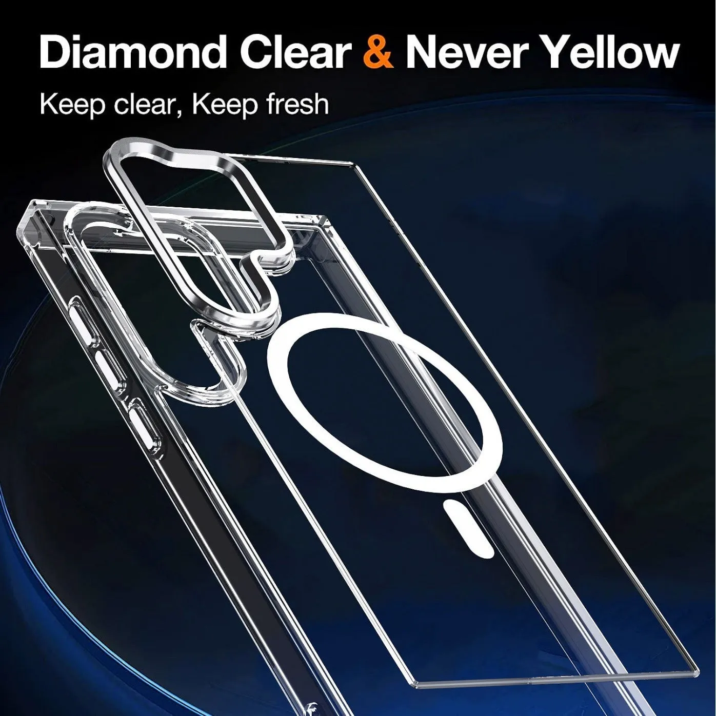Semi-transparent magnetic phone case with hardware camera ring for Samsung in transparent black