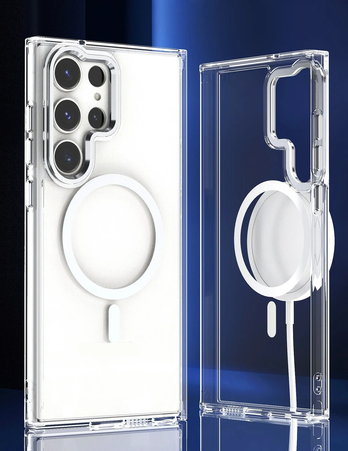 Semi-transparent magnetic phone case with hardware camera ring for Samsung in transparent black
