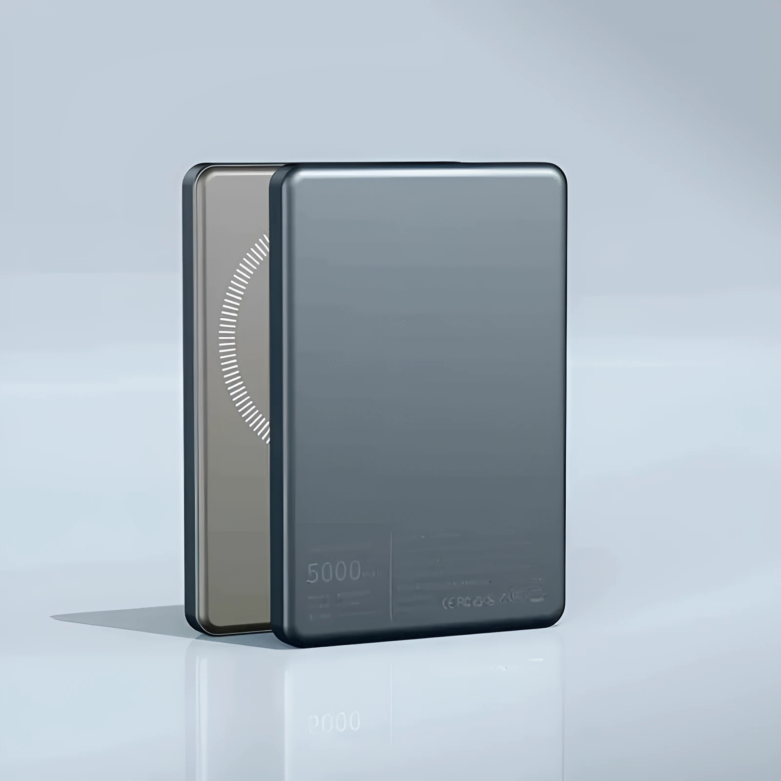 Ultra thin magnetic power bank in titanium blue with wireless charging pad on front