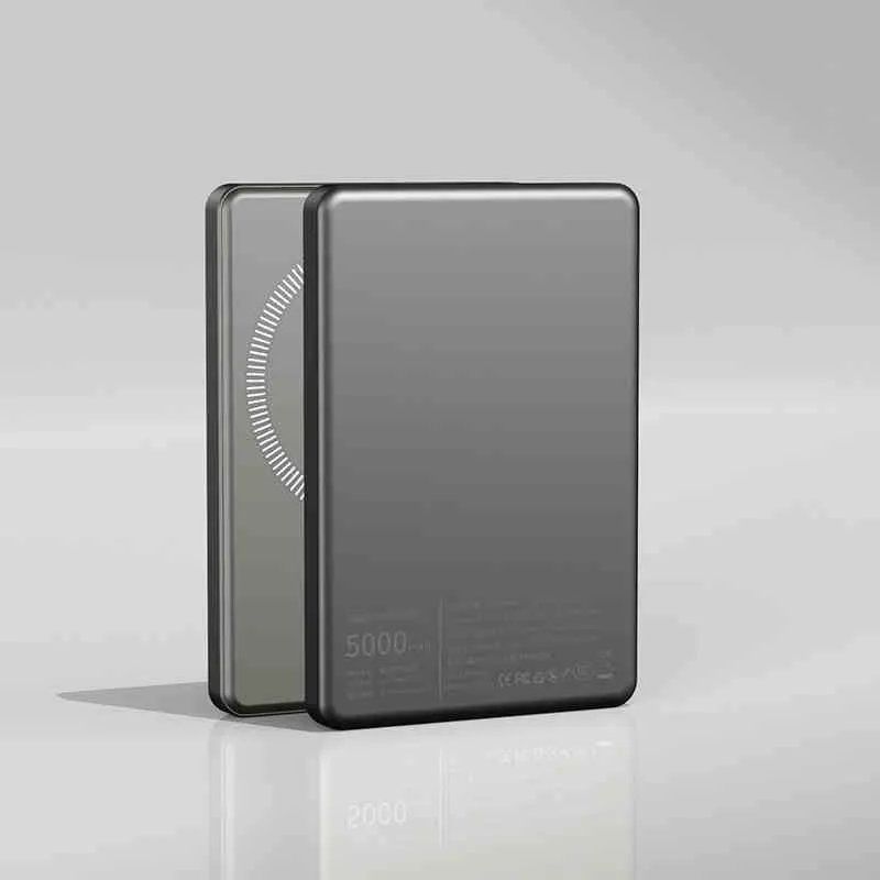 Ultra thin magnetic power bank in titanium blue with wireless charging pad on front