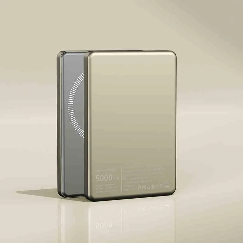 Ultra thin magnetic power bank in titanium blue with wireless charging pad on front