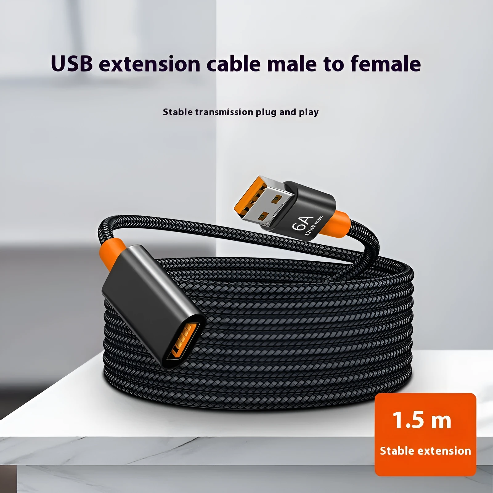 USB 3.0 extension cable, 1.5m, with male and female connectors for computer peripherals