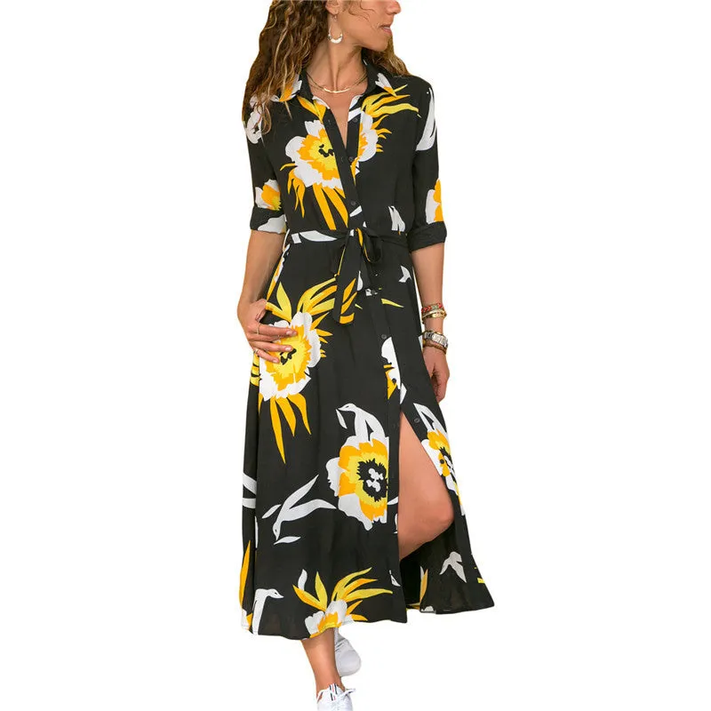 V-neck chiffon midi dress with print pattern and high waist design