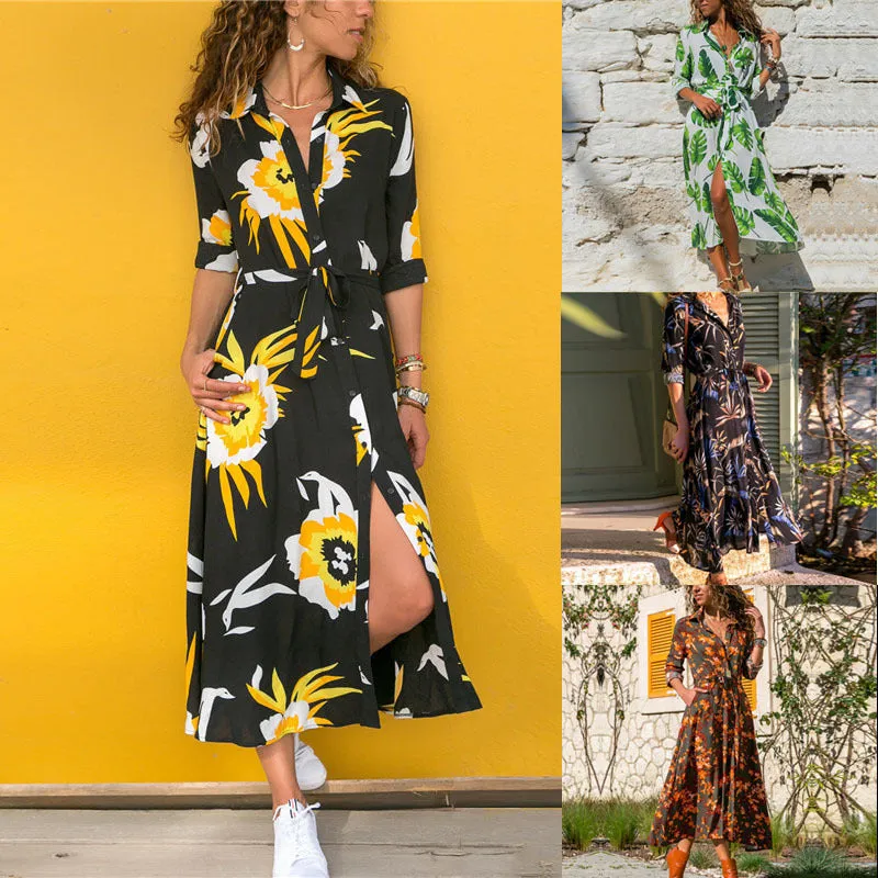 V-neck chiffon midi dress with print pattern and high waist design