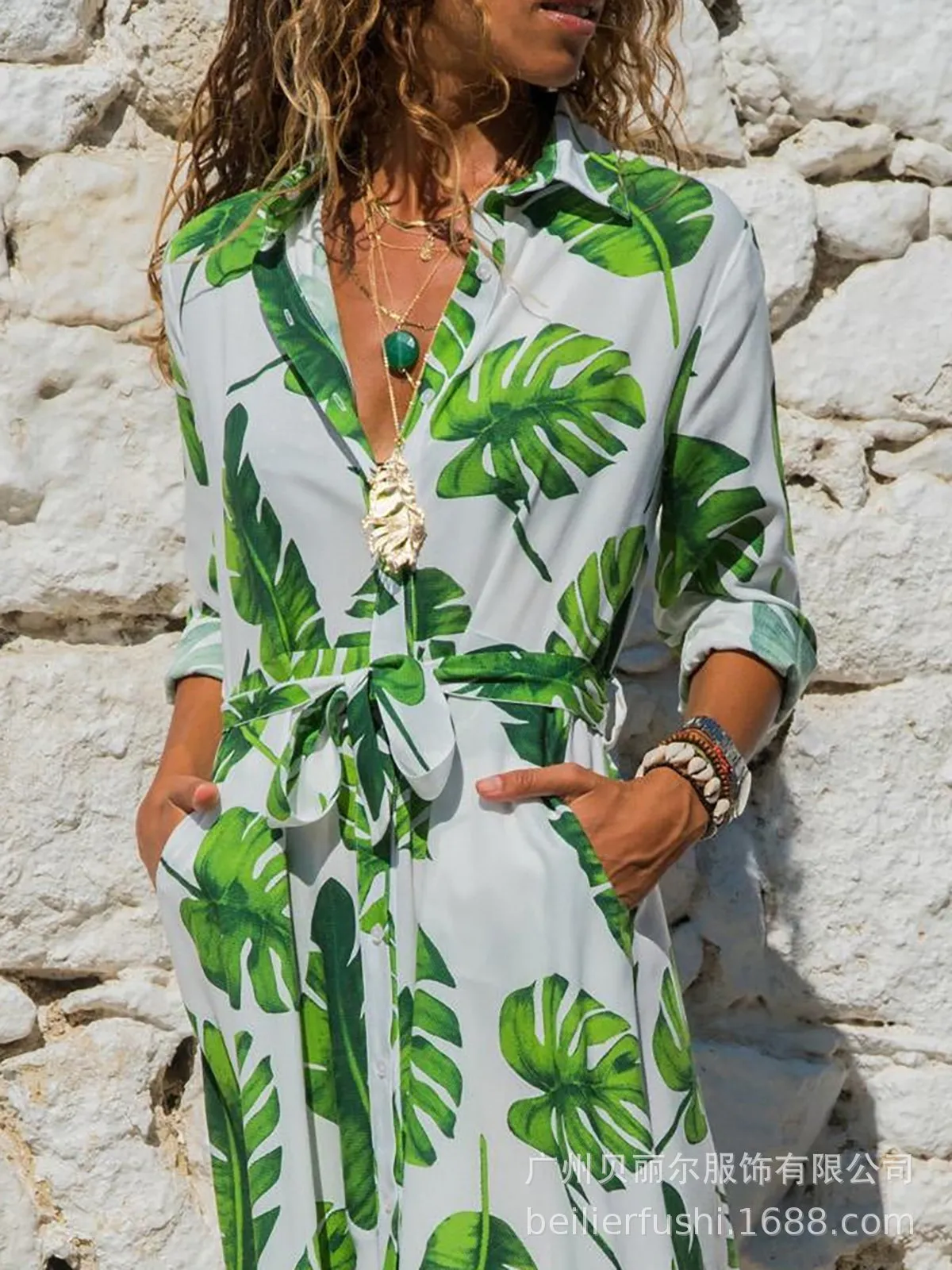 V-neck chiffon midi dress with print pattern and high waist design