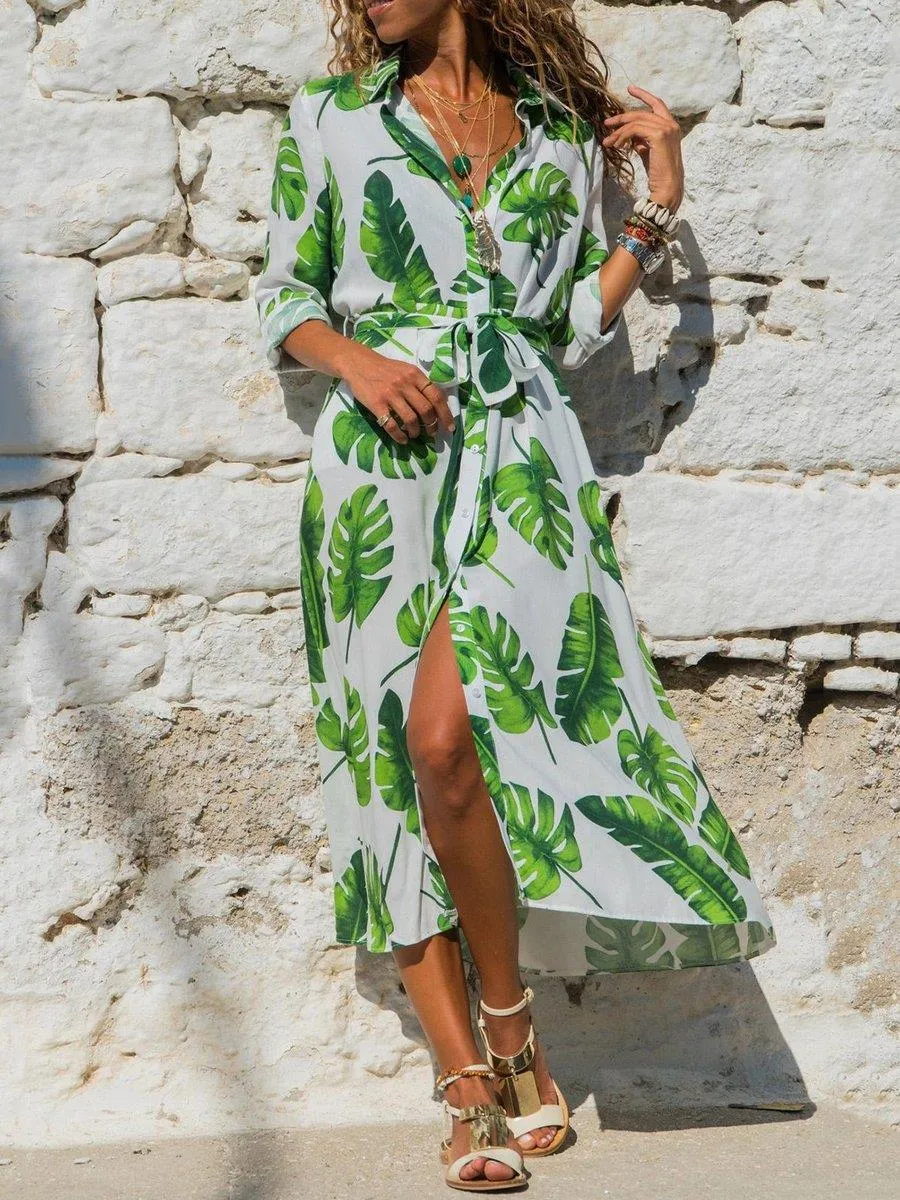 V-neck chiffon midi dress with print pattern and high waist design
