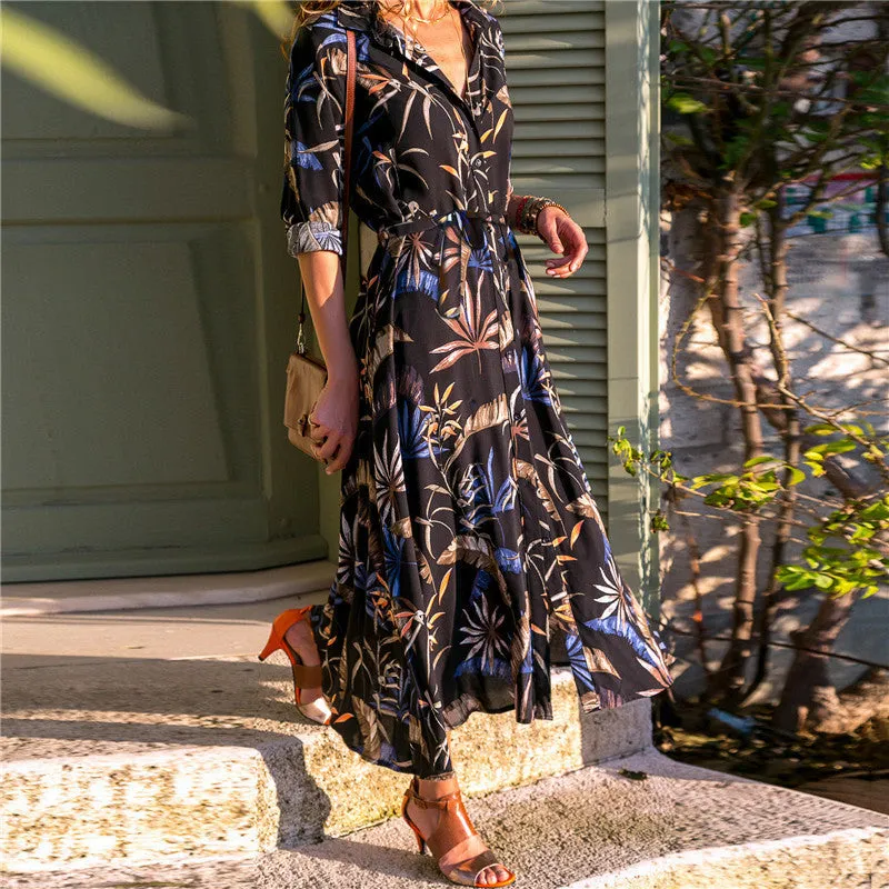 V-neck chiffon midi dress with print pattern and high waist design