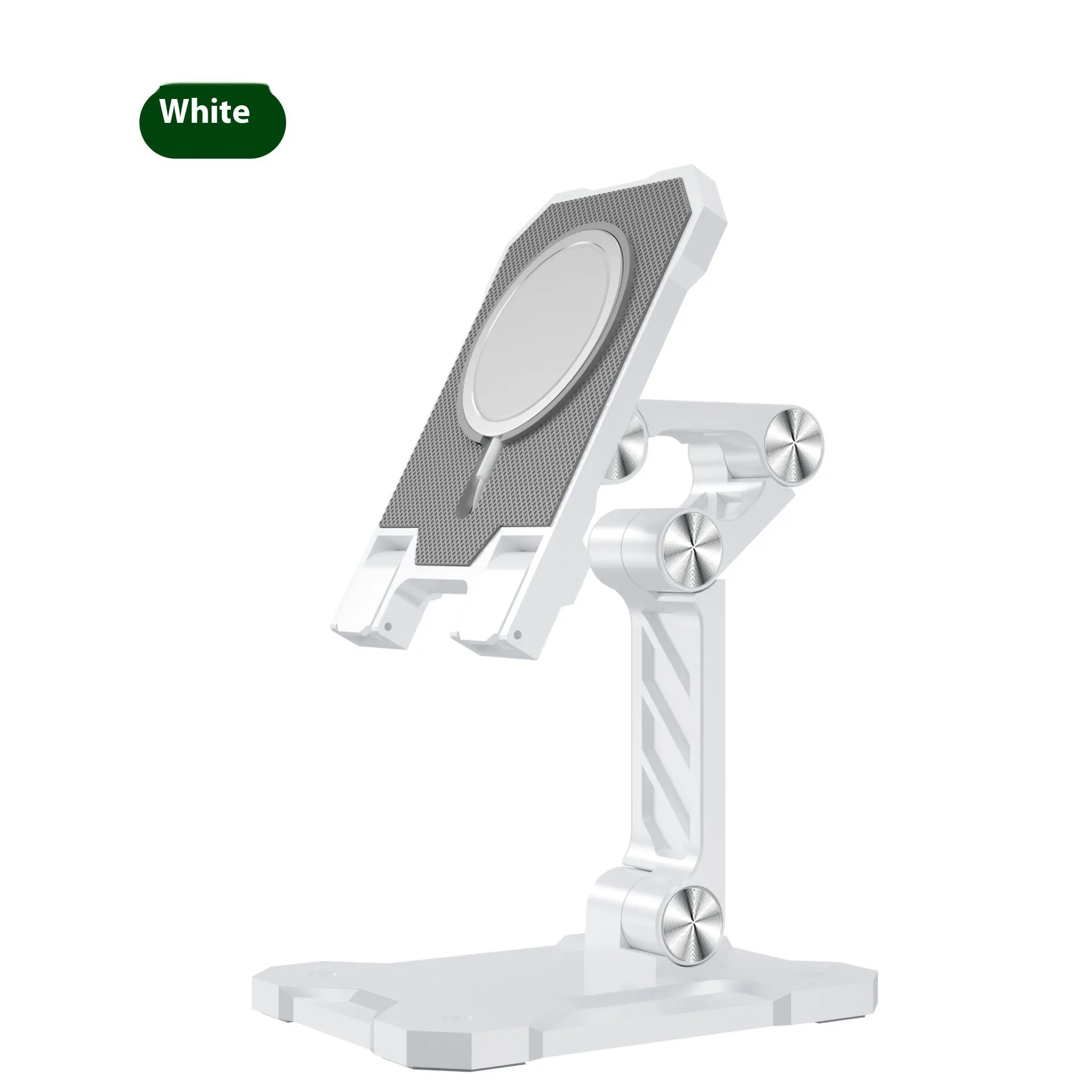 Metal folding phone holder for tablet desktop or car use with adjustable clip in black