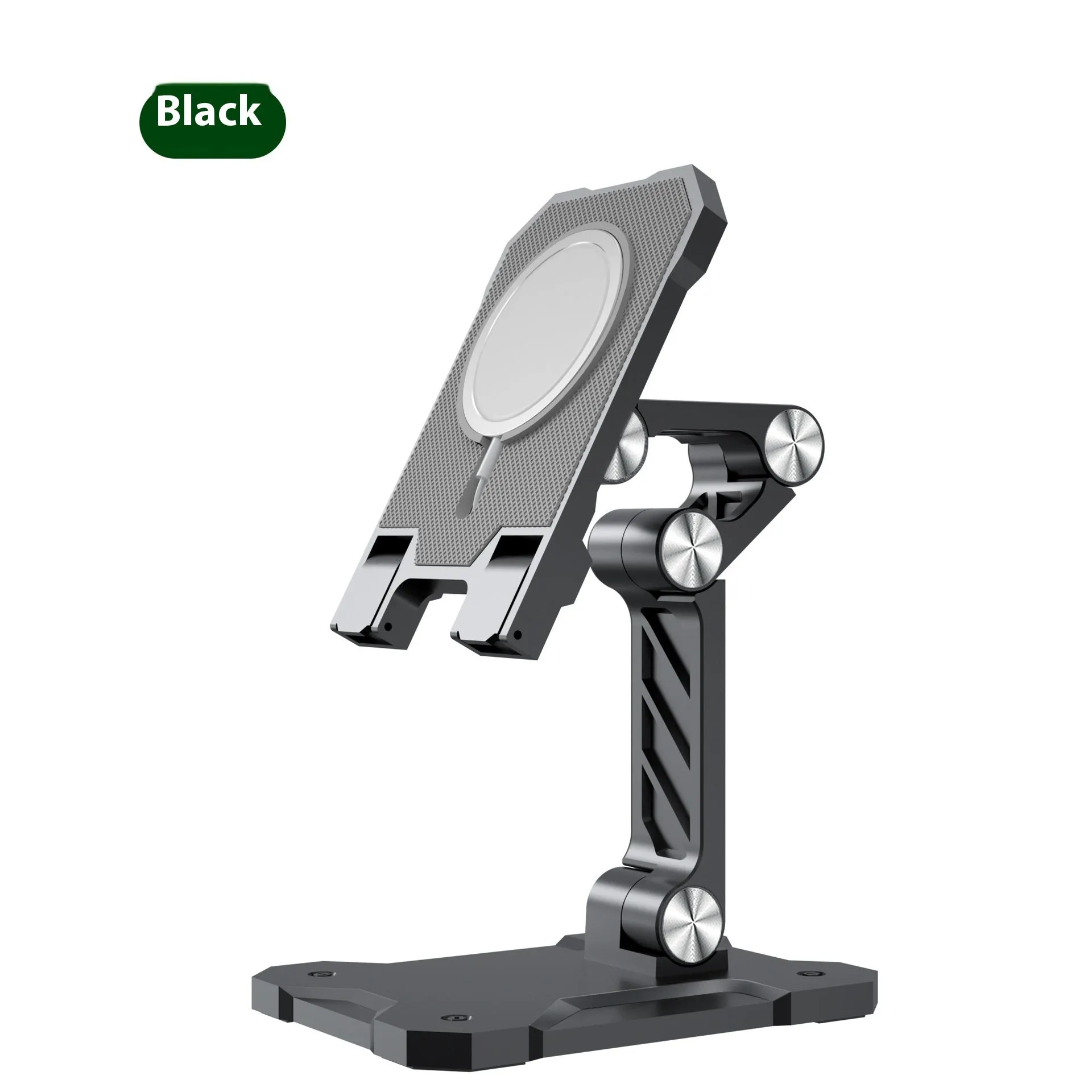 Metal folding phone holder for tablet desktop or car use with adjustable clip in black